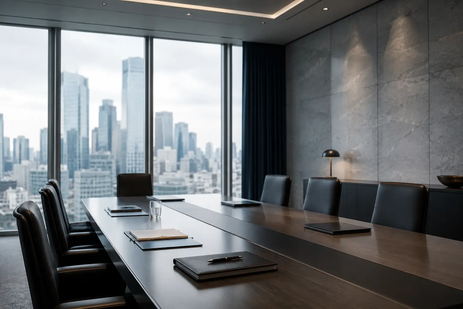 Contemporary boardroom overlooking a global city